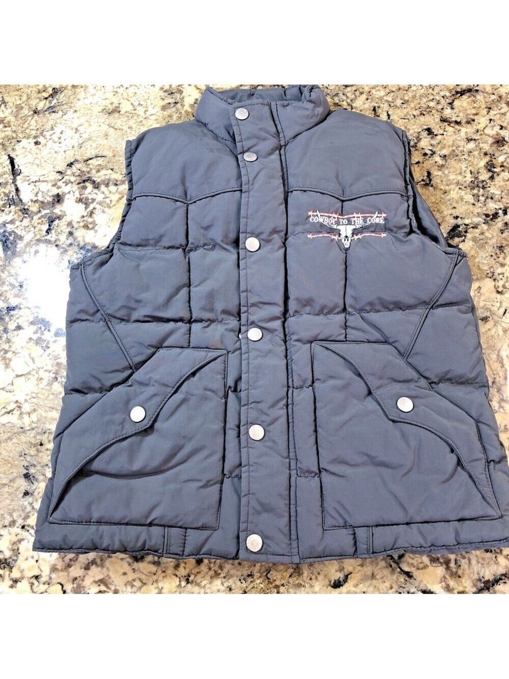 Size L Cowboy Hardware Boys Youth Puff Vest COWBOY TO THE CORE Grey Full Zip CN